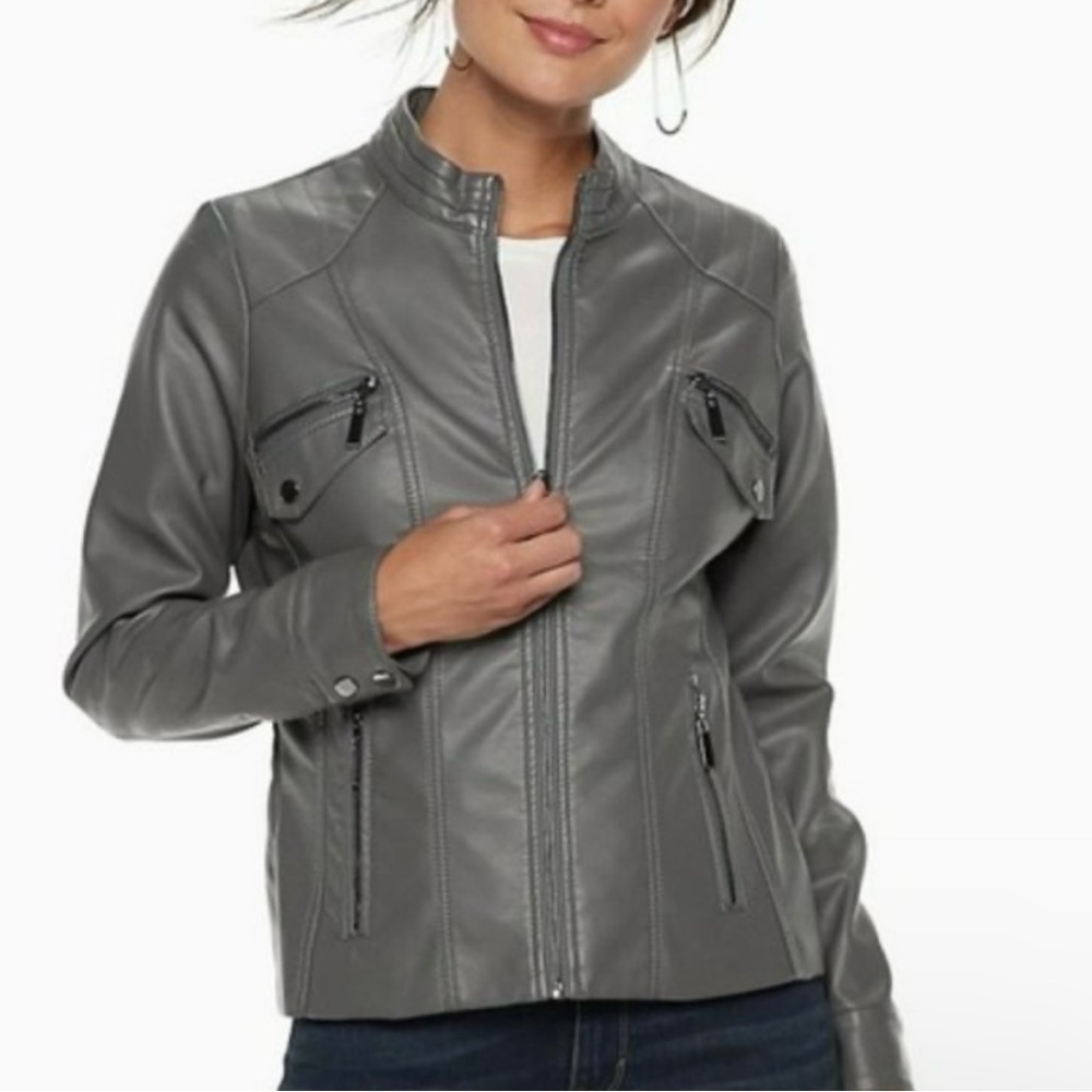NWT Apt. 9 Grunge and Goth Moto Gray Faux Leather Jacket Size M